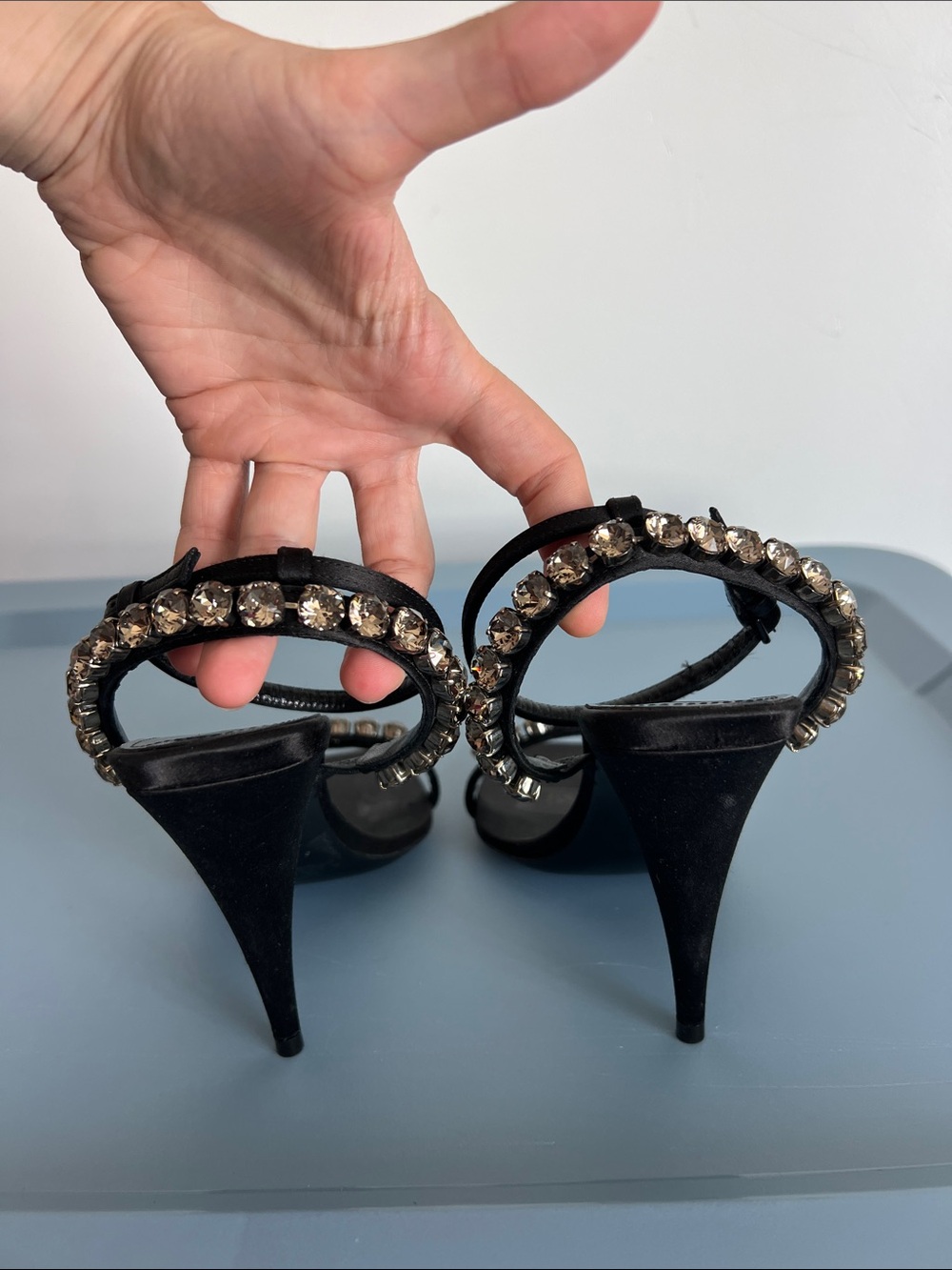 Saint Laurent Paris black and crystal embellished open toe sandals strappy heels - Picture 6 of 12
